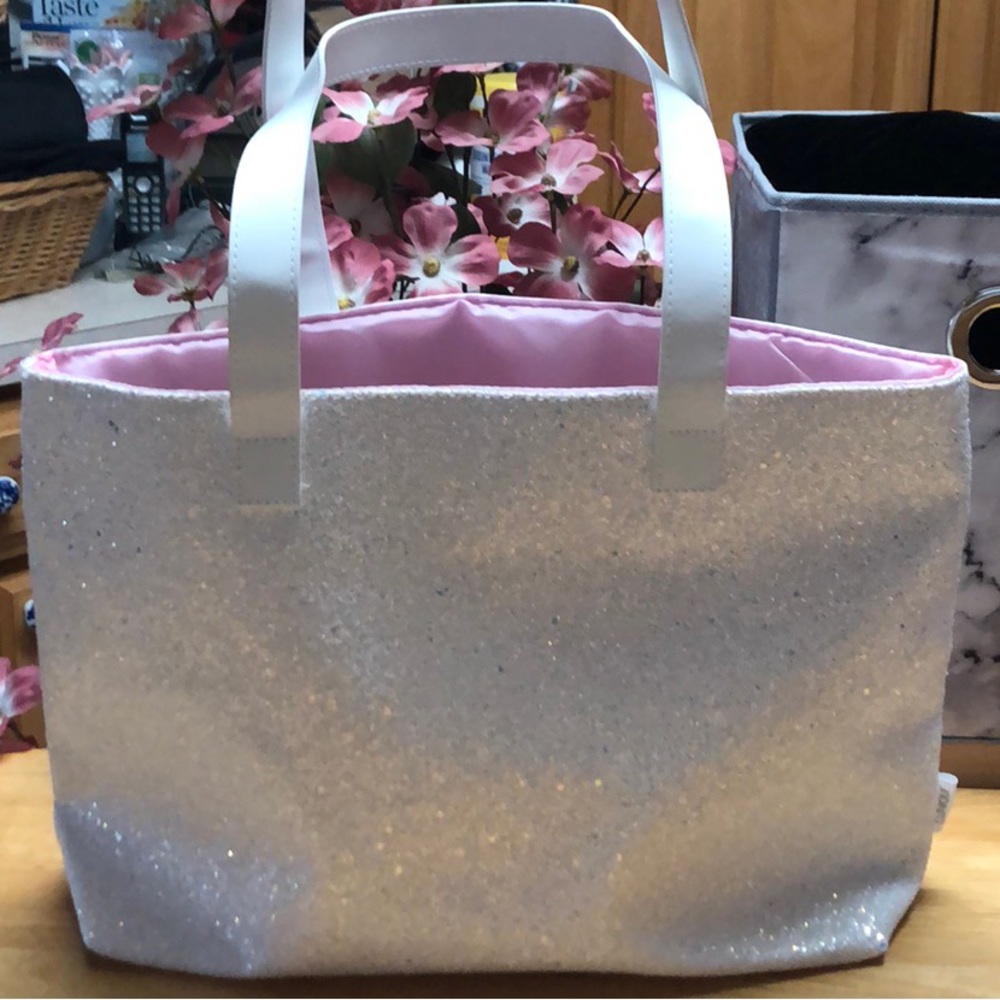 Clinique Glitter Shoulder Bag With Pink Lining ~Size 10”H X 15”W X 5”D